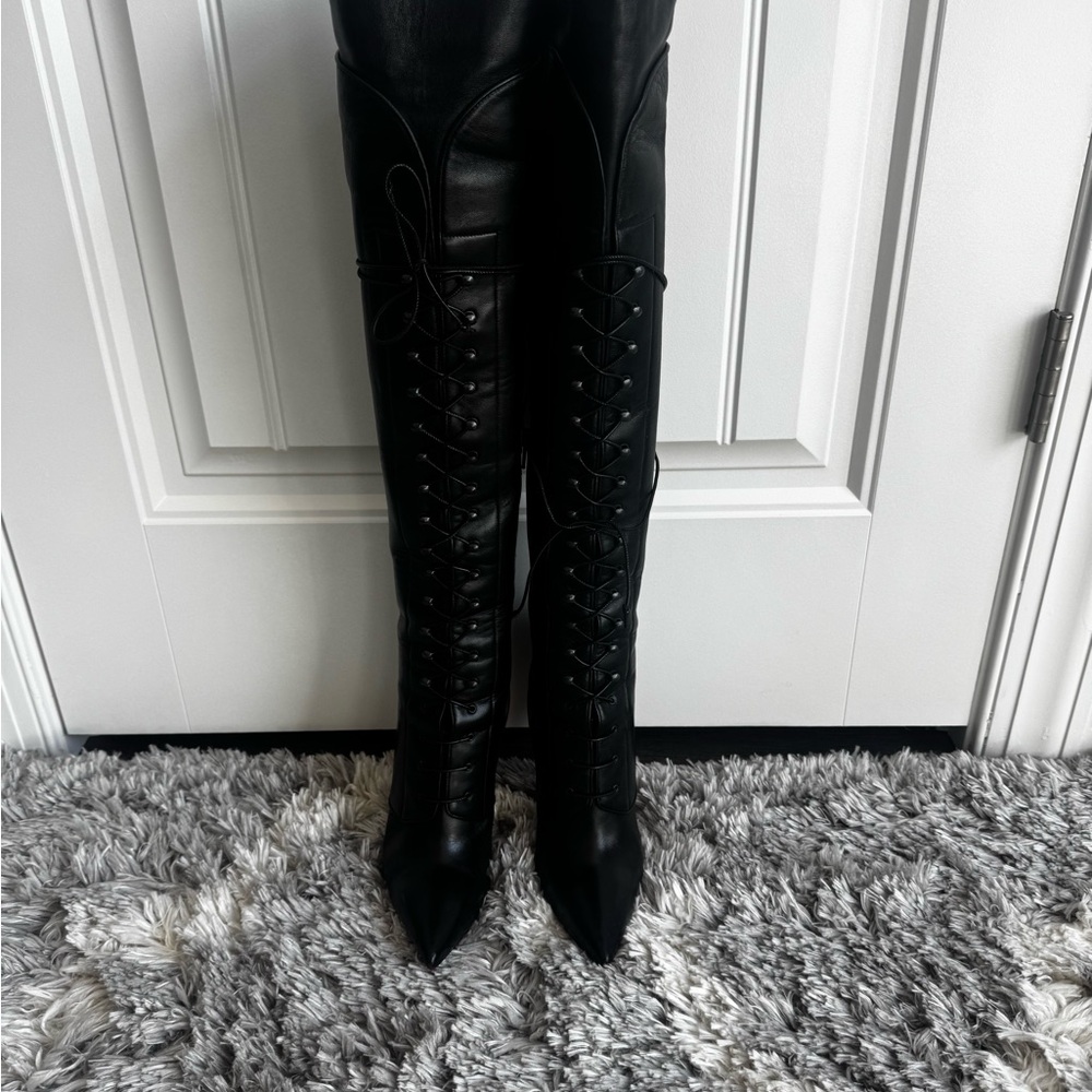 Christian Louboutin Black Lace-Up Over-the-Knee Pointed-Toe Boots